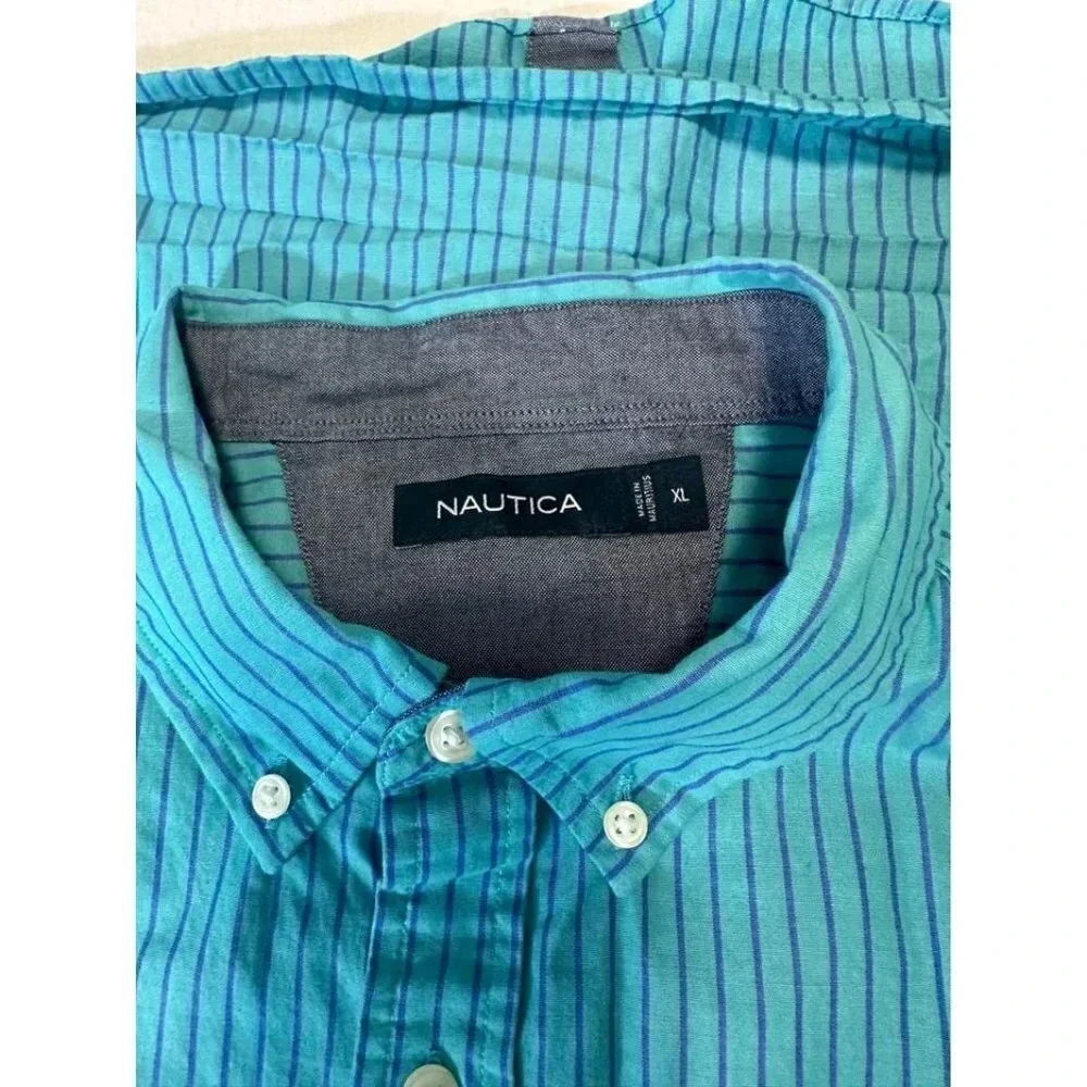 Blue Striped Mens Long Sleeve Button Up Dress Shirt Size XL Nautica #0508